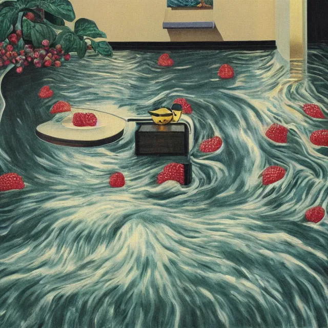 Prompt: painting of flood waters inside an apartment, emo catgirl art student, a river flooding inside, taps with running water, tangelos, zen, pigs, ikebana, water, river, rapids, waterfall, black swans, canoe, pomegranate, berries dripping, acrylic on canvas, surrealist, by magritte and monet