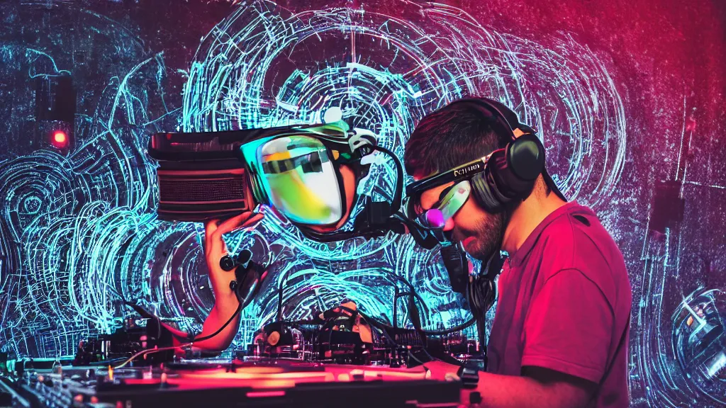 Image similar to a person wearing goggles and visor and headphones using a retro record player contraption, wires and tubes, turntablism dj scratching, intricate planetary gears, cinematic, imax, sharp focus, leds, bokeh, iridescent, black light, fog machine, hazy, lasers, hyper color digital art