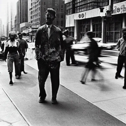 Image similar to street photography from 1961 Chicago, zombies walking politely down the sidewalk, in the style of Vivian Maier