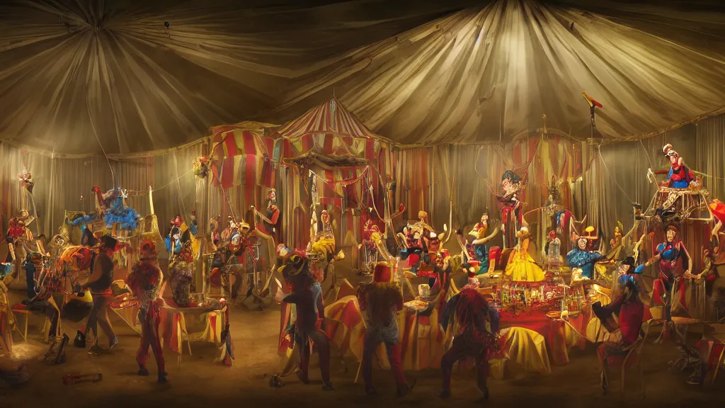 Prompt: of a gang of circus clowns, drinking alcohol, inside a circus tent, matte painting, concept art, 4K