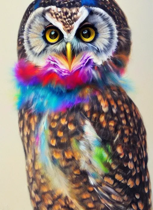 Prompt: realistic portrait beautiful painting of japanese owl, rainbow bird feathers, wearing scarf. full body, fine art, trending on artstation, smooth draw, sharp focus, digital art, bright colors, fine draw, perfect lighting, high render, high resolution.