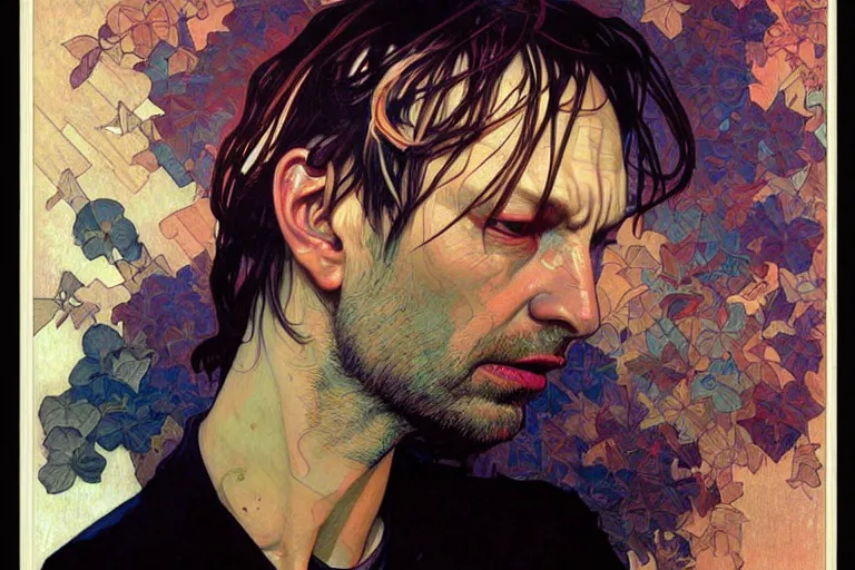 Image similar to hyper realistic portrait of radiohead paranoid android, by lee bermejo, alphonse mucha and greg rutkowski