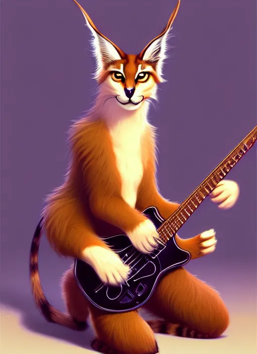 Image similar to cute fluffy caracal in pants sitting politely with electric guitar, facing the camera, anime art style, portrait, high detail, sharp focus, digital painting, artstation, concept art, art by hayao miyazaki and artgerm and greg rutkowski and alphonse mucha.