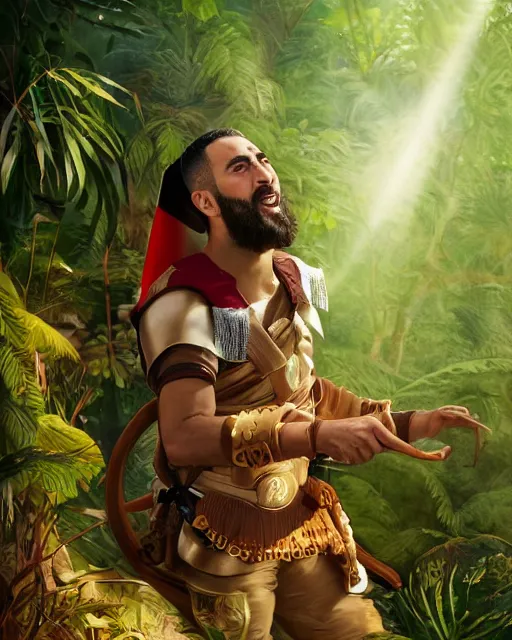 Image similar to portrait of karim benzema as a spanish conquistador in a jungle, by nicola saviori, and dan mora, studio ghibli color scheme, highly detailed, rim light, subsurface scattering, cinematic lighting, illustration, art, octane render, very coherent, cinematic, hyper realism, high detail, 8 k