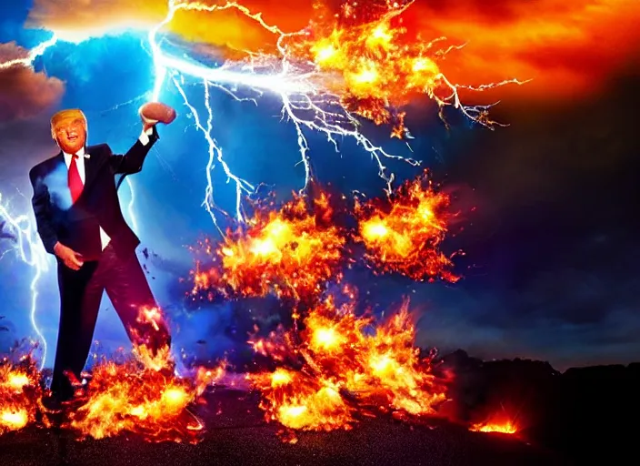 Image similar to burning donald trump casting fireballs, colorful hd picure, lightning in the background