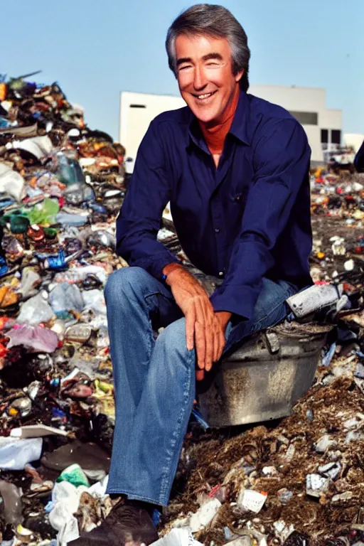 Image similar to randy mantooth smiling sitting on a garbage heap and drinking wine