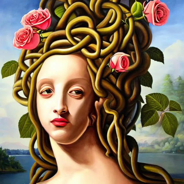 Image similar to a beautiful painting medusa's head is in the rose, by theoretical part painting