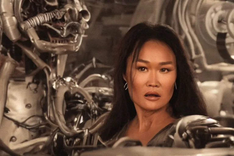 Image similar to a cinematic portrait of tia carrere fusing with a mechanical monstrosity, hyperdetailed, fritz lang and shinya tsukamoto, 8 k, hd, high resolution, 8 5 mm, f / 1. 8