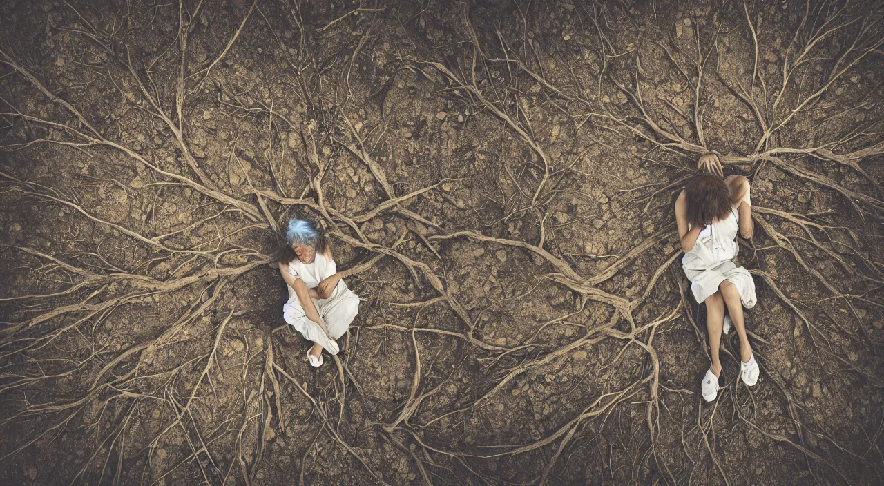 Prompt: 65-year-old woman made of trees crying one emotionless tear, facing the camera and sitting on a dried up river in a desolate land, blue sky, hot and sunny, highly-detailed, elegant, dramatic lighting, artstation, 4k, cinematic landscape, photograph by Elizabeth Gadd