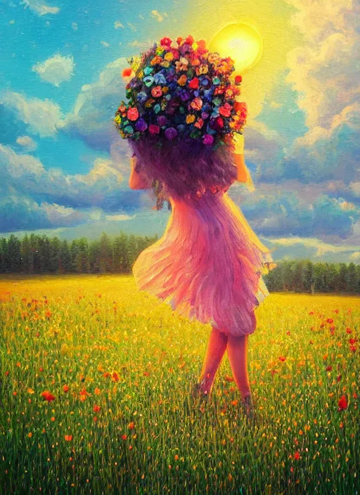 Image similar to girl with flower dress, standing in a field with flowers in the air, hills, big trees, sunrise dramatic light, impressionist painting, colorful clouds, digital painting, pointillism, artstation, simon stalenhag, flower head