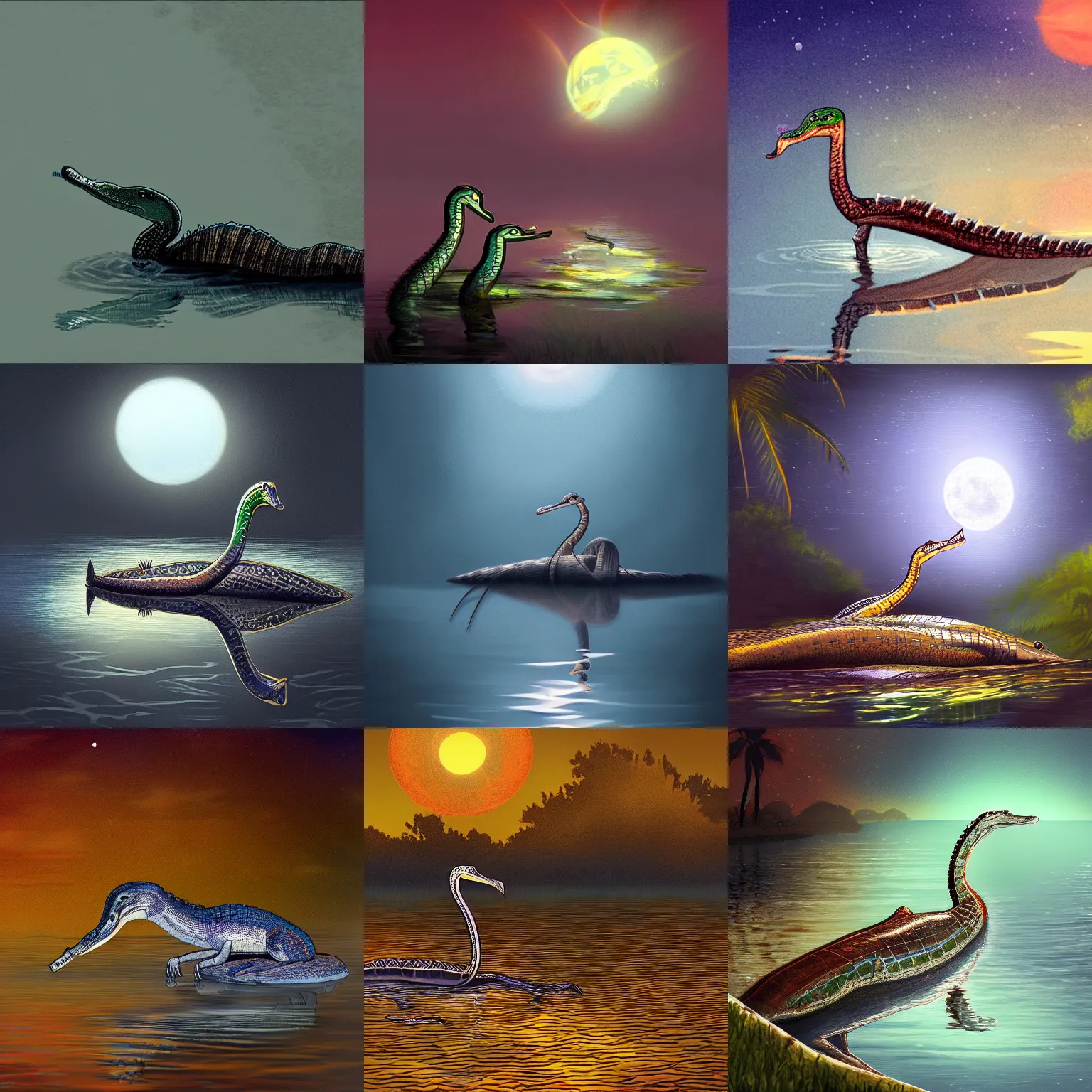 Prompt: a curious indian gharial swimming in a moonlit river, digital art, colorful, artstation