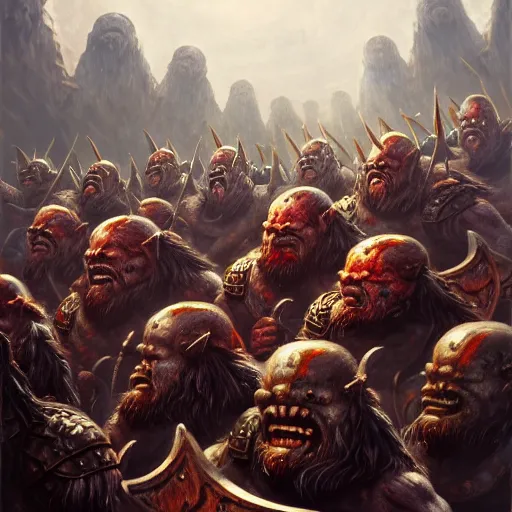 Prompt: painting of a single dwarven berserker facing a crew of crazy goblin warriors in deadly combat on a gladiator pit, sharp focus, high symmetry, award - winning, trending on artstation, masterpiece, highly detailed, intricate. art by seb mckinnon