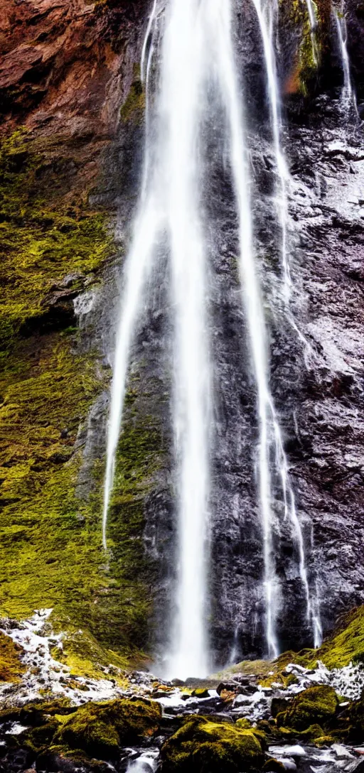 Image similar to a dslr hd picture of rainbow colored very tall waterfall flowing from ice mountains, highly detailed