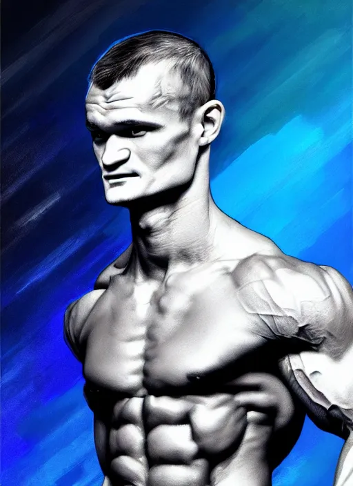 Prompt: vitalik buterin looks like ronnie coleman, digital art, oil painting, cold blue tones, fantasy, 8 k, trending on artstation, detailed