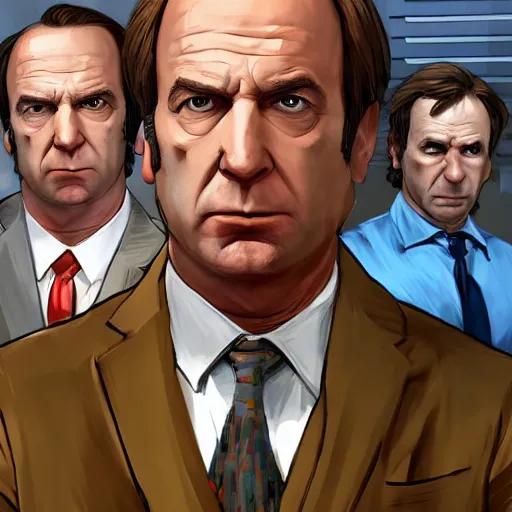 Prompt: Saul Goodman in a GTA V courtroom, cover art by Stephen Bliss, artstation