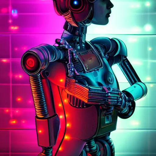 Prompt: realistic fantasy portrait of sad robo girl in neon light cyberpunk