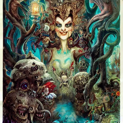 Image similar to monsters in alice in wonderland tripping on ayahuasca with faces in the background, intricate detail, painting, royo, frazetta, whealan,