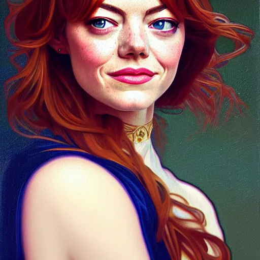 Image similar to oil portrait of emma stone, intricate, elegant, highly detailed, lighting, painting, artstation, smooth, illustration, art by greg rutowski and alphonse mucha