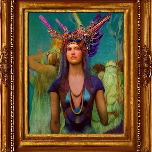 Image similar to goddess of the lost city, by Annie Swynnerton and Diego Rivera and Tino Rodriguez and Maxfield Parrish, elaborate headdress and embroidered velvet, iridescent beetles, rich color, dramatic cinematic lighting, extremely detailed