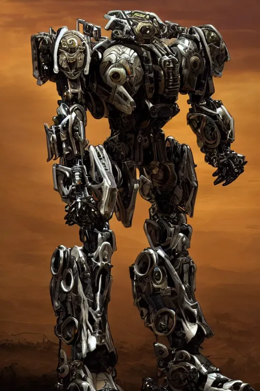 Image similar to cinematic still in mech - warrior - 5, intricate ornate humanoid mecha warrior,