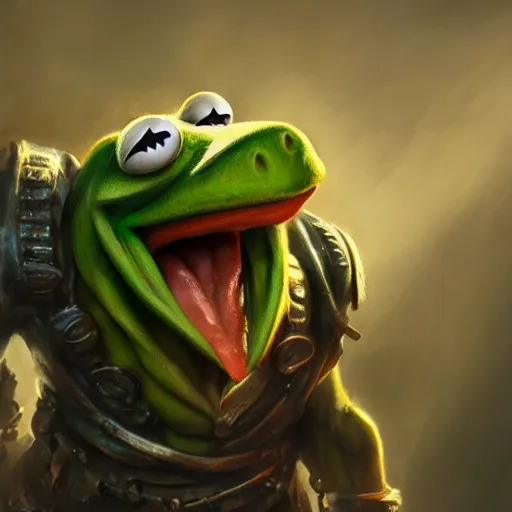 Image similar to kermit the frog as a buffed up orc like warrior, ultrarealistic, dramatic lighting, electrical details, high details, 4 k, 8 k, best, accurate, trending on artstation, artstation, photorealism, ultrarealistic, digital painting, style of peter mohrbacher, caravaggio, boris vallejo