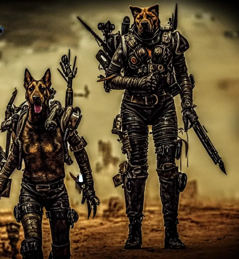 Image similar to a good ol'hound dog fursona ( from the furry fandom ), heavily armed and armored facing down armageddon in a dark and gritty version from the makers of mad max : fury road. witness me.