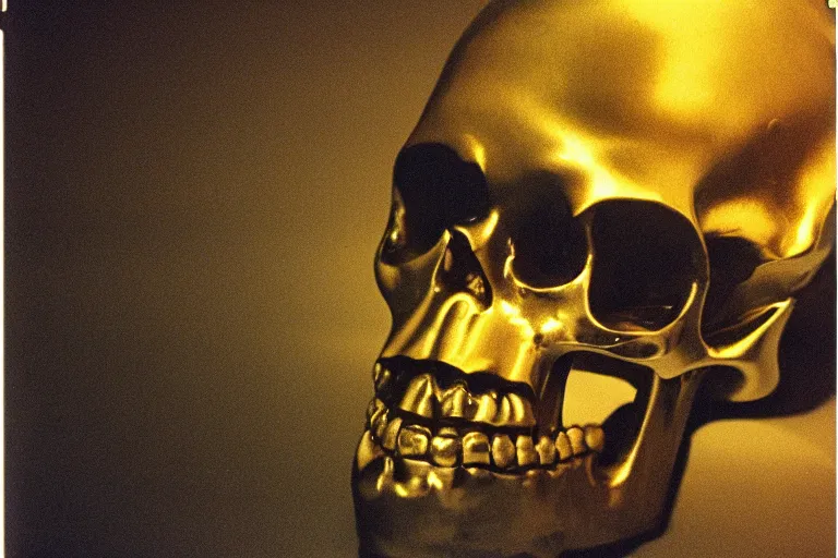 Image similar to large metallic skull attached to an infinitely long, thick power cable, stoic and calm, inside of an unlit 1970s convenience store, ektachrome photograph, volumetric lighting, f8 aperture, cinematic Eastman 5384 film