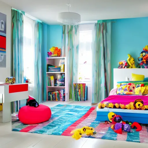 Prompt: colorful children ’ s bedroom with toys