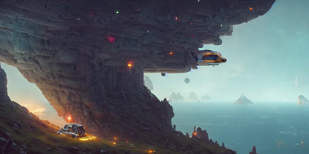 Image similar to An ancient crashlanded spaceship hanging dangerously on the edge of a cliff, about to fall, detailed digital matte painting by Greg Rutkowski and Simon Stalenhag