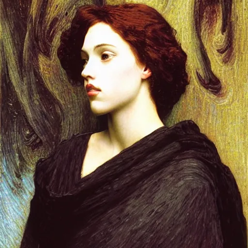 Prompt: portrait of young scarlet johansson by jean delville, frederic leighton