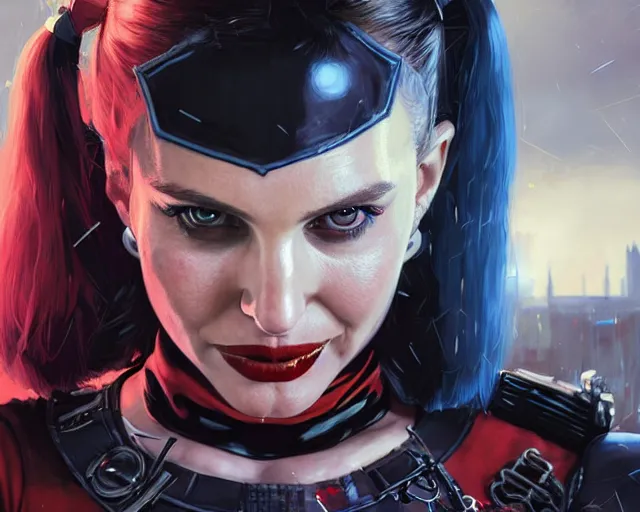 Image similar to highly detailed portrait of natalie portman as harley quinn, in batman : arkham knight, stephen bliss, unreal engine, fantasy art by greg rutkowski, loish, rhads, ferdinand knab, makoto shinkai and lois van baarle, ilya kuvshinov, rossdraws, tom bagshaw, global illumination, radiant light, detailed and intricate environment