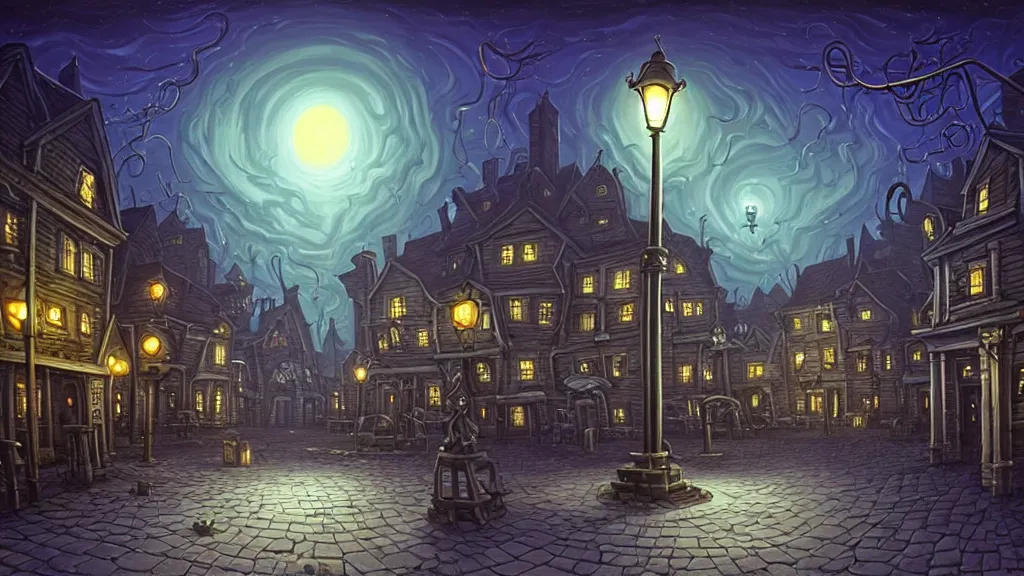 Prompt: empty lovecraftian town square surrounded by houses and inns. cthulhu statue. lovecraftian city at night by cyril rolando and naomi okubo and dan mumford and ricardo bofill. lovecraft. cobbled streets. oil lamp posts. lovecraftian. starry night swirly sky.