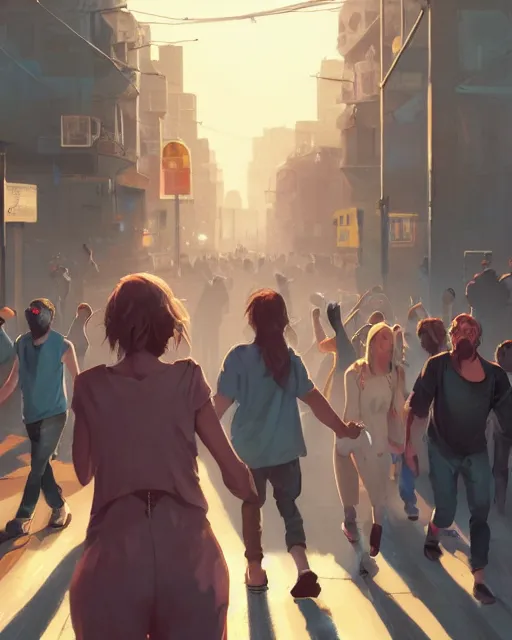 Image similar to Portrait of Taylor Swift leading a homeless parade, in GTA V, Stephen Bliss, unreal engine, by Greg Rutkowski, Loish, Rhads, Makoto Shinkai and Lois van baarle, ilya kuvshinov, rossdraws, global illumination, radiant light, detailed and intricate environment