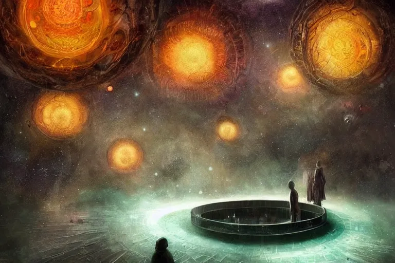 Prompt: Esao Andrews, scifi nightscape, planets, hyperrealistic surrealism, award winning masterpiece with incredible details, epic stunning, physically accurate, moody dynamic lighting, very very intricate, very very elegant, highly detailed, infinity concentric pool, a surreal vaporwave liminal space,very clear view, no grain, highly detailed, trending on ArtStation, artgerm and greg rutkowski and alphonse mucha, daily deviation, IAMAG, in the gross sewer, luminous rocks are like swords, calming, meditative