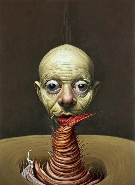 Image similar to Oil painting - a regular earthworm with a tiny little crown peeking out form a hole by Lucian Freud and Jenny Saville, Masterpiece, Edward Hopper and James Gilleard, Zdzislaw Beksinski, Mark Ryden, Wolfgang Lettl highly detailed, hints of Yayoi Kasuma