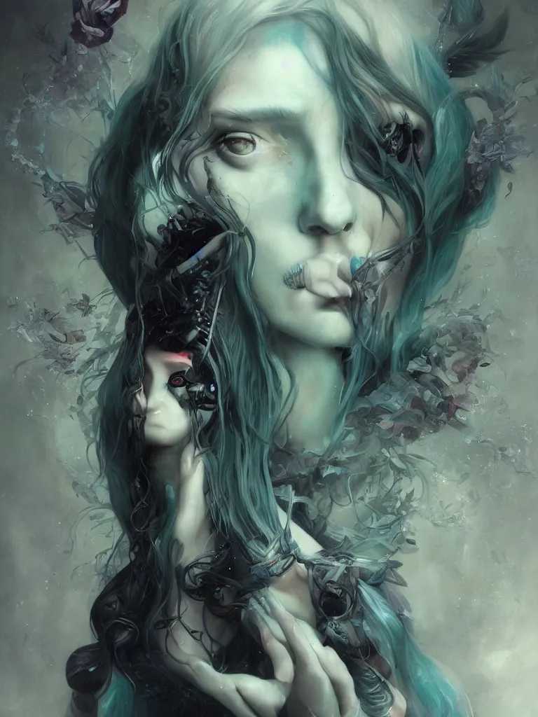 Prompt: a seapunk portrait of a nymph with shadowy eyes and bonewhite hair, with black glossy lips, hyperrealistic, award-winning, masterpiece, in the style of Tom Bagshaw, Cedric Peyravernay, Peter Mohrbacher