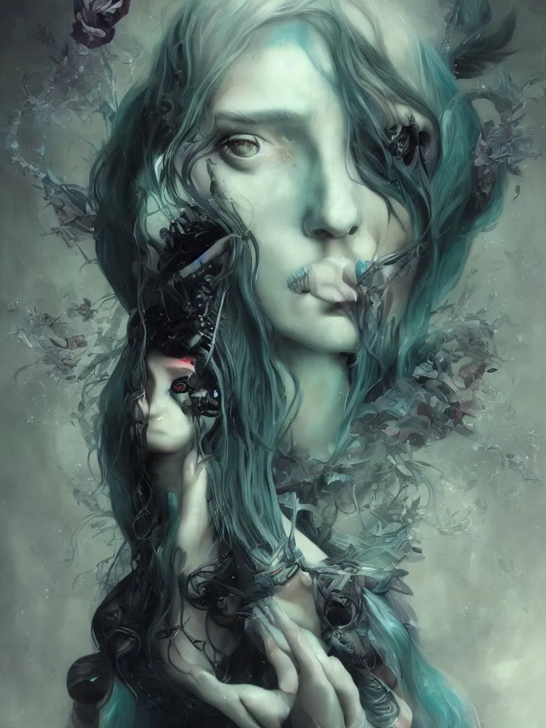 Image similar to a seapunk portrait of a nymph with shadowy eyes and bonewhite hair, with black glossy lips, hyperrealistic, award-winning, masterpiece, in the style of Tom Bagshaw, Cedric Peyravernay, Peter Mohrbacher