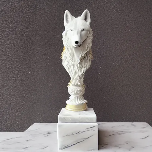 Prompt: a white marble statue of a wolf's head with gold filigree