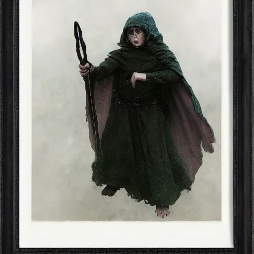 Image similar to portrait of small pale cowardly hobbit man wearing dark cloak, funny artwork, looking terrified, close shot, round face, fantasy artwork, dnd, looking sideways, high fantasy, by karl spitzweg, whimsical