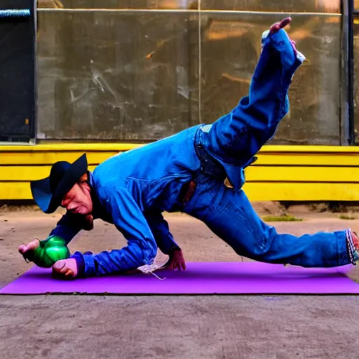 Image similar to breakdancing snake oil salesman, purple green cowboy b-boy, wildystyle