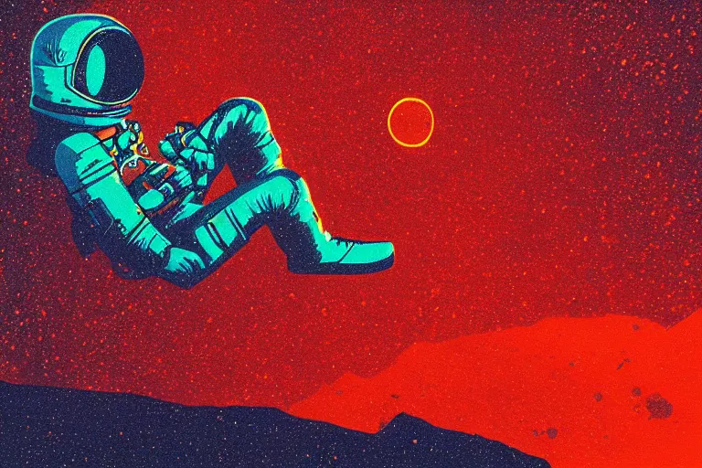 Image similar to an astronaut laying on mars in the style of flooko, acrylic art, detailed, moonlight, red lighting, bokeh, synthwave, psychedelic, glitch, neon,