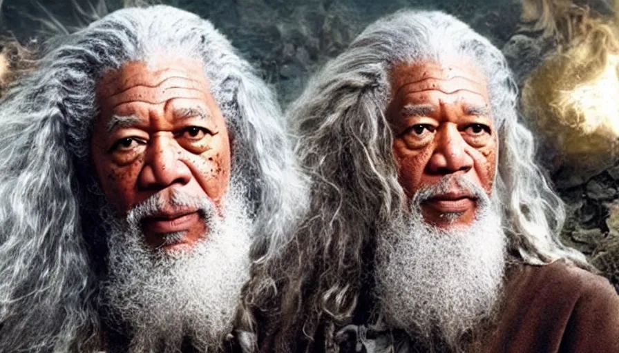 Image similar to morgan freeman starring as gandalf in lord of the rings, cnn news footage.