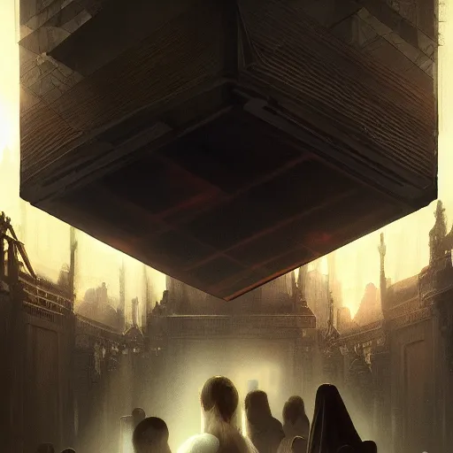 Prompt: a hyperrealistic wide render of people circulating a big black cube, worship, holy, by WLOP,Artgerm,Greg Rutkowski,Alphonse Mucha, Beautiful dynamic dramatic dark moody lighting,shadows,cinematic atmosphere,Artstation,concept design art,Octane render,8K