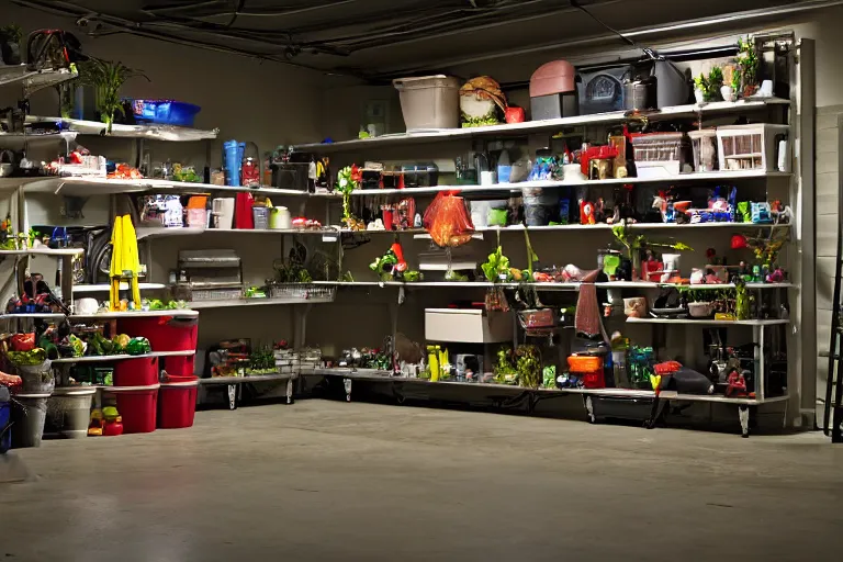 Image similar to garage with carnivorous plants on the shelves and packing peanuts on the floor, scene from tv show hyper detailed 5 5 mm 8 5 mm, low - light photography by tyler mitchell, made out of plastic