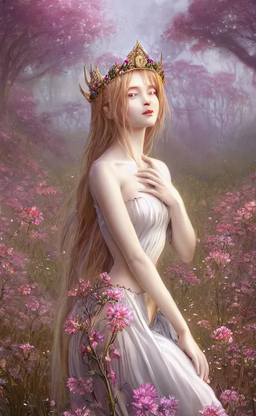 Image similar to A beautiful fantasy maiden, highly detailed full body, amazing flower tiara, wearing aristocrat robe, delicate figure, field of flowers, among foxes and deer, epic composition, ultra wide-shot, dynamic pose, concept art, beautifully lit, digital painting, smooth, character design, sharp focus, elegant, intricate, trending on artstation, by WLOP and James Jean and Victo Ngai