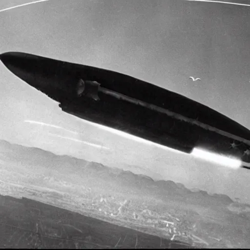 Prompt: ww 2 zeppelin in the sky, huge, firing rockets, bullets, bullet tracers, explosions, war photography