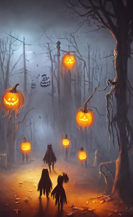 Image similar to a creepy and eery Halloween setting, with Jack o lanterns on the street and shadow figures lurking about, dynamic lighting, photorealistic fantasy concept art, stunning visuals, creative, cinematic, ultra detailed, trending on art station, spooky vibe