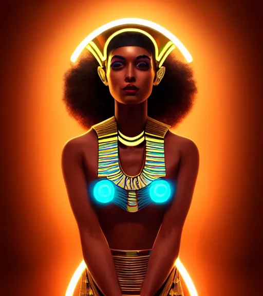 Image similar to symmetry!! egyptian goddess of technology, solid cube of light, hard edges, product render retro - futuristic poster scifi, lasers and neon circuits, brown skin beautiful egyptian goddess, intricate, elegant, highly detailed, digital painting, artstation, concept art, smooth, sharp focus, illustration, dreamlike, art by artgerm