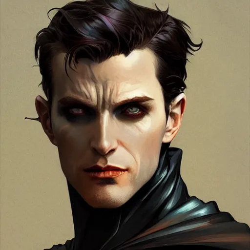 Image similar to portrait of Batman but as a vampire, intricate, headshot, highly detailed, digital painting, artstation, concept art, sharp focus, cinematic lighting, illustration, art by artgerm and greg rutkowski, alphonse mucha, cgsociety