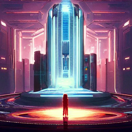 Prompt: professional painting of tiny people praying to monumental conscious supercomputer with huge - cybernetic - face!!!! in the center of endless colossal room, trending on artstation, cyberpunk, sci - fi, futuristic, by greg rutkowski and maciej kuciara, high quality